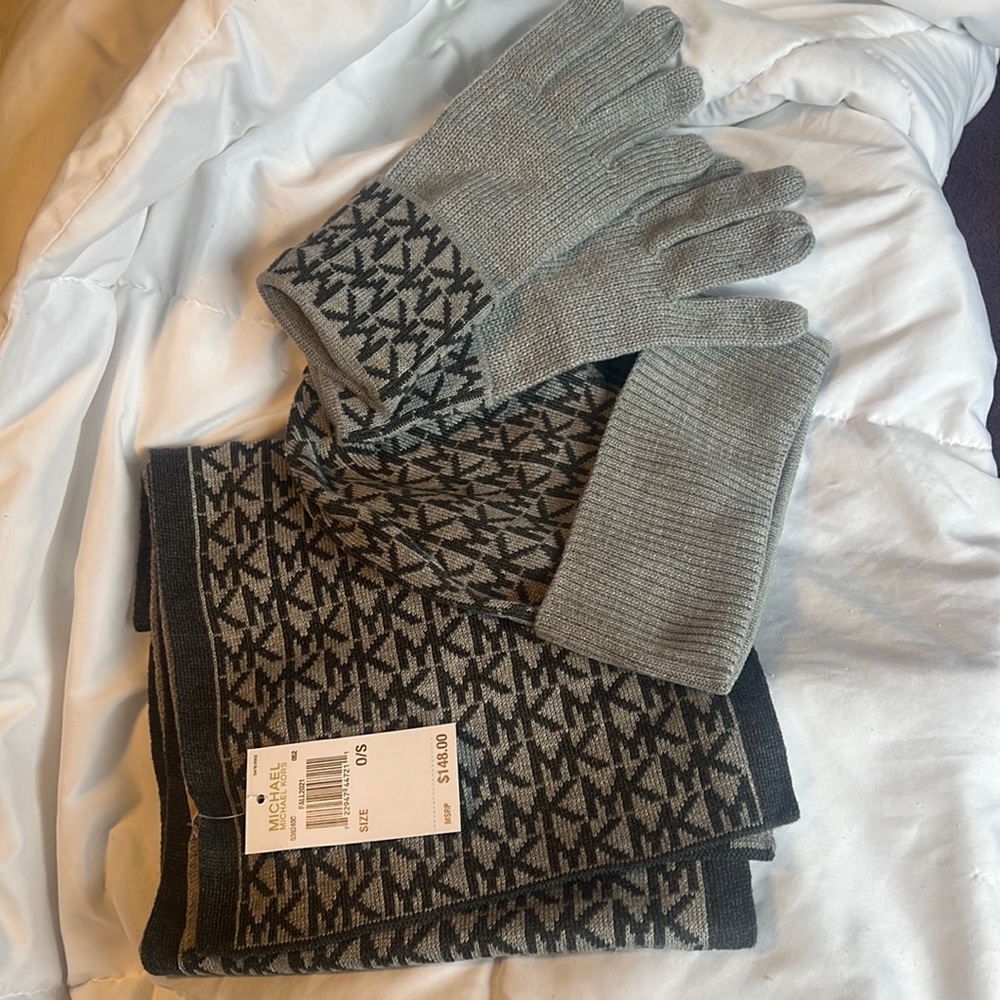 Michael Kors Logo Jacquard Scarf, Beanie and Gloves Gift Set MK